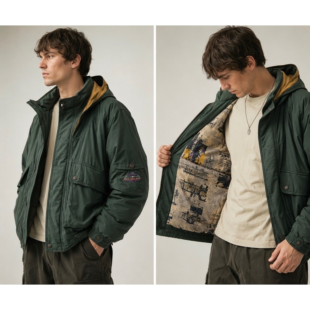 Vtg Stratojac Jacket Men XL Green Down Coat Parka Hood Wright Brothers Talon Zip